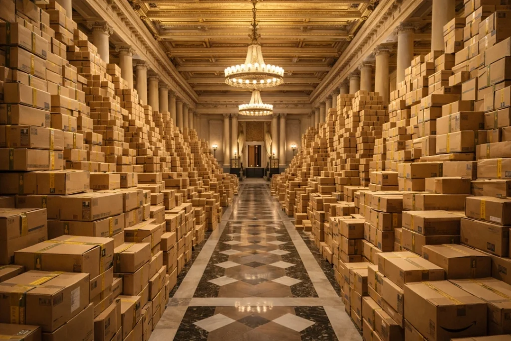 Towering stacks of brown shipping boxes fill a grand marble government hallway lined with columns and chandeliers.