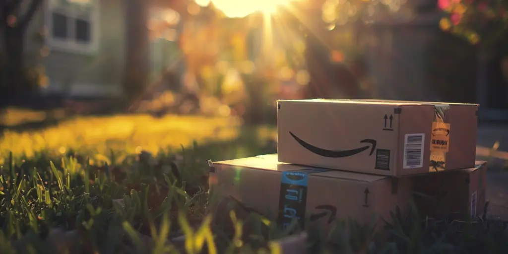 Two Amazon Boxes sitting on the lawn of a beautiful house on a bright, sunny day