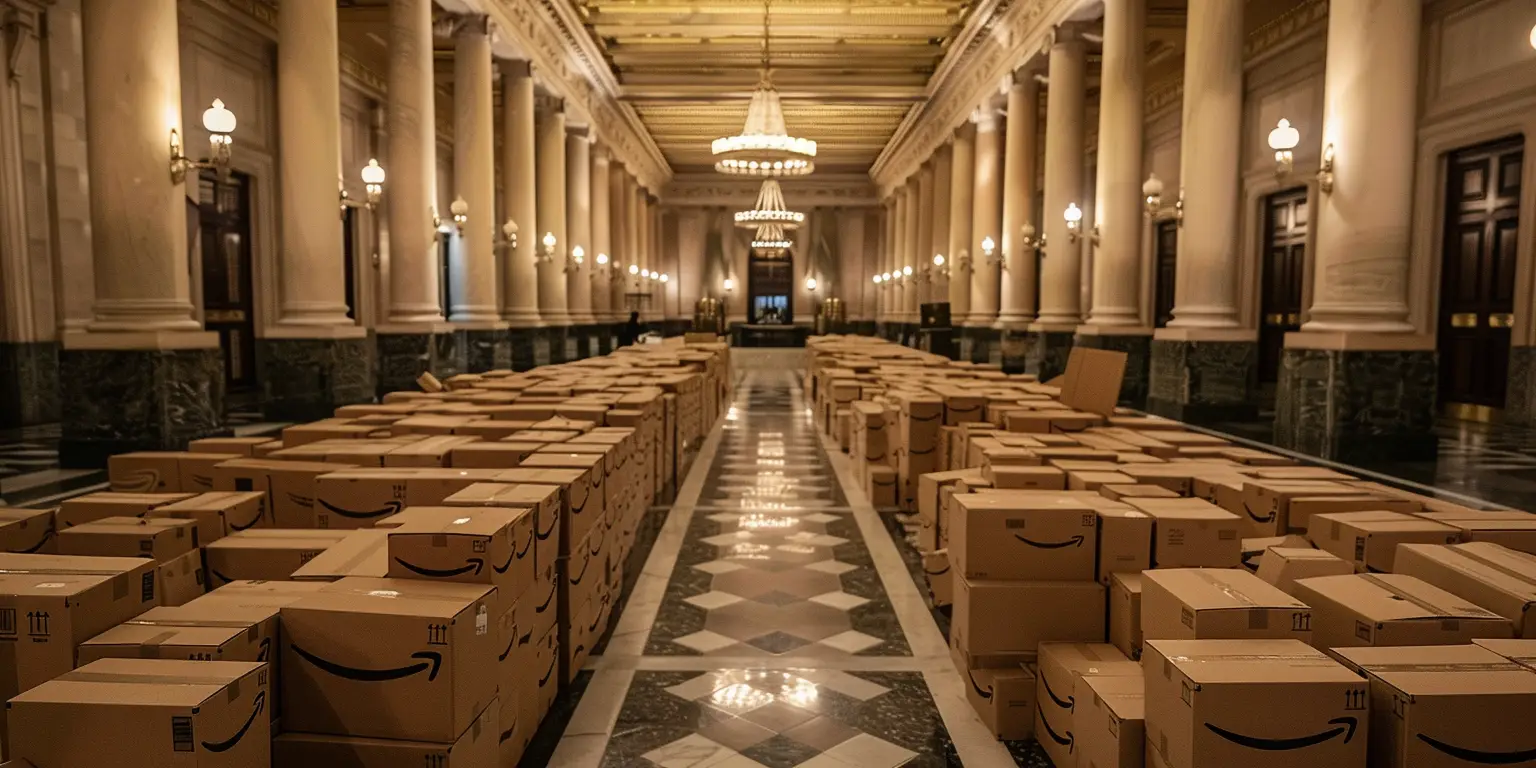 Government building hallway filled with Amazon boxes
