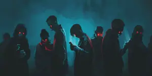 Dark figures with red eyes glued to their cellphones
