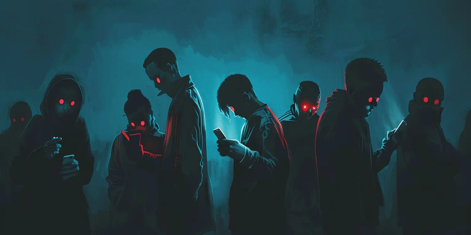 Dark figures with red eyes glued to their cellphones
