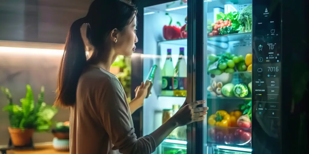 Woman looking into smart fridge
