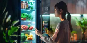 Woman looking into smart fridge