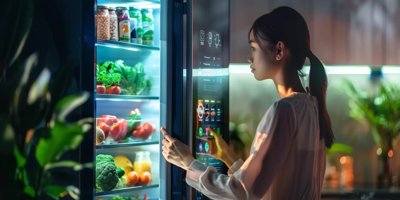 Woman looking into smart fridge