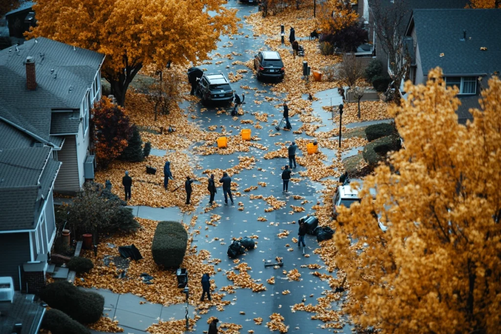 chaotic suburban street with leaves everywhere