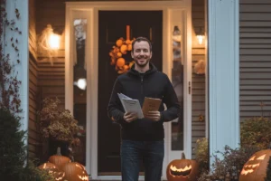 homeowner handing out budget booklets for Halloween