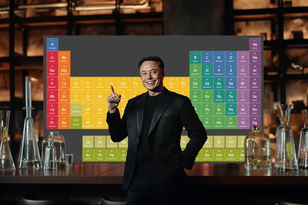 Elon Musk standing in front of a large periodic table
