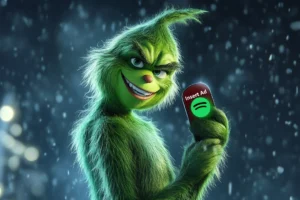 Grinch holding Spotify button to Insert Ad