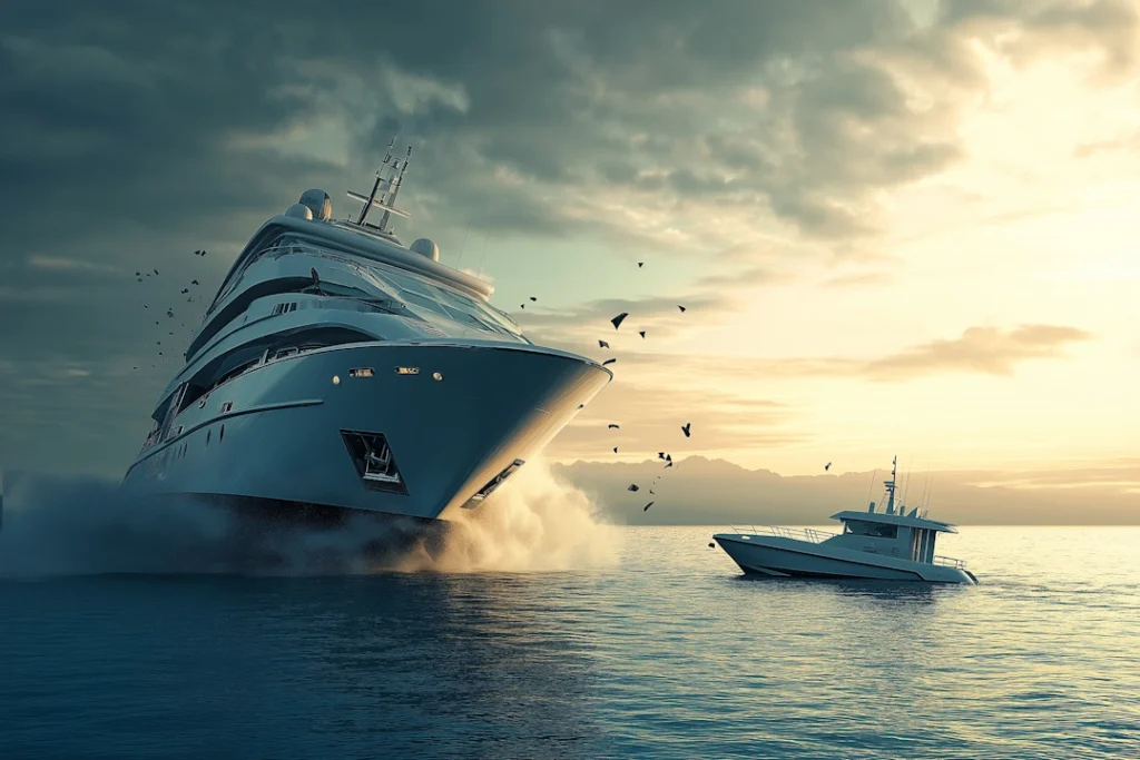 Luxury Yacht Crashing Into Small Fishing Boat in Calm Waters