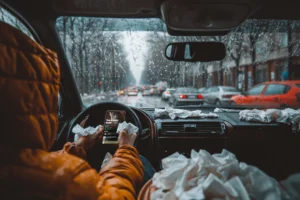 Person stuck in traffic with tissues listening to Taylor Swift on Spotify