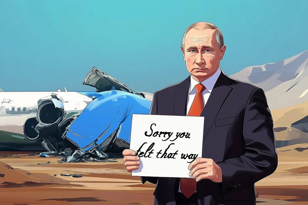 Putin holding a sign saying Sorry you felt that way with crashed airplane in the background