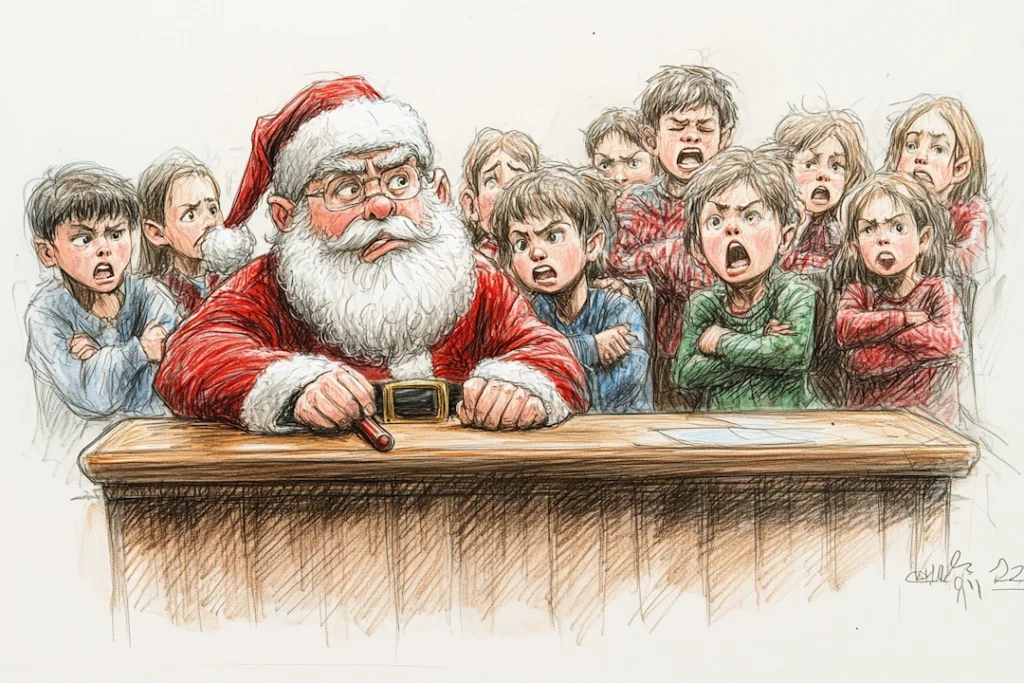 Santa being scolded by children in court