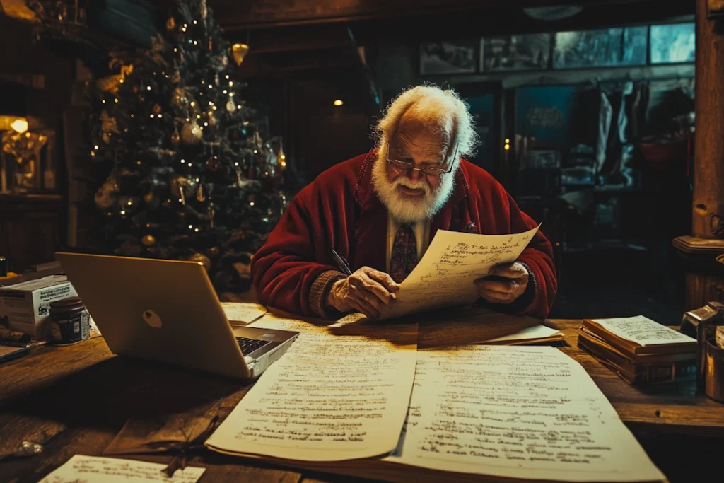 Santa distressed looking over naughty list