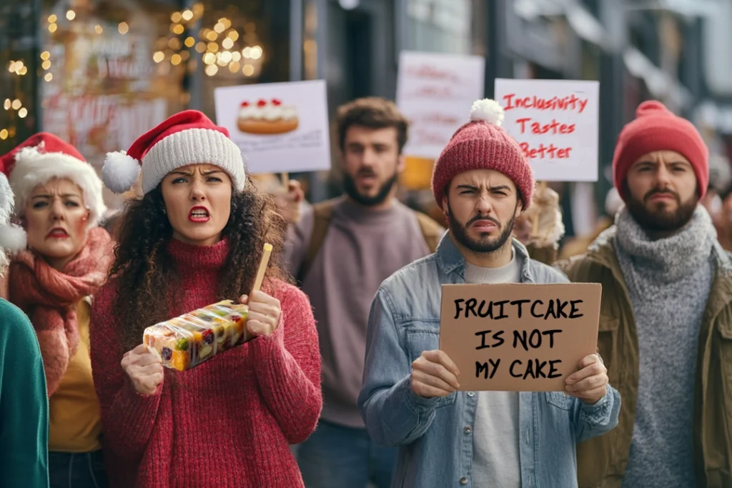 fruitcake protestors outside of bakery