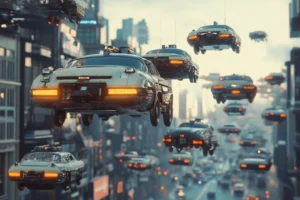 traffic jam of flying cars
