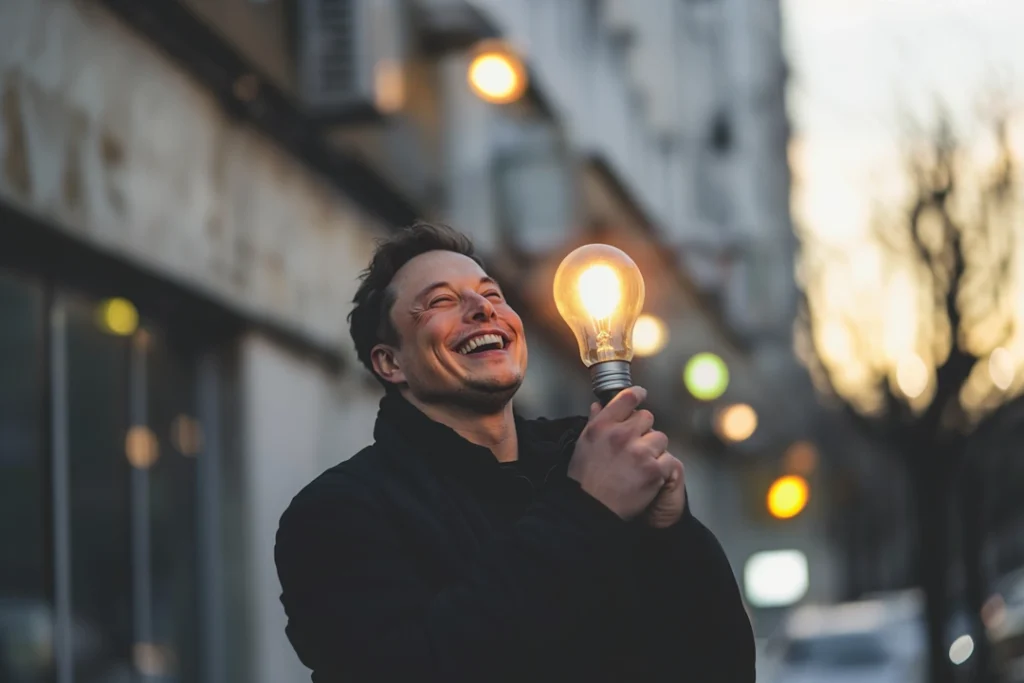 Elon Musk laughing while holding a lightbulb
