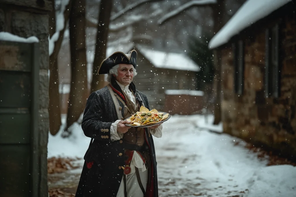 George Washington holding plate of nachos during harsh winter at Valley Forge