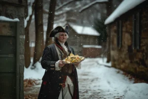 George Washington holding plate of nachos during harsh winter at Valley Forge