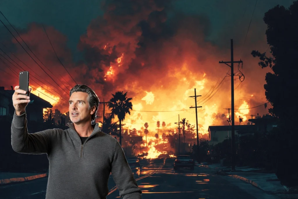 Governor Newsome taking a selfie in front of wildfires wearing Patagonia