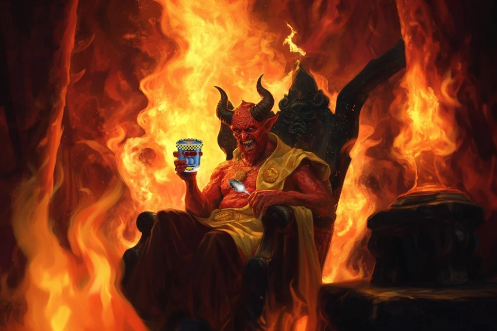 Satan holding pint of Skyline Chili Ice Cream in hell