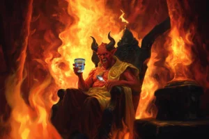 Satan holding pint of Skyline Chili Ice Cream in hell
