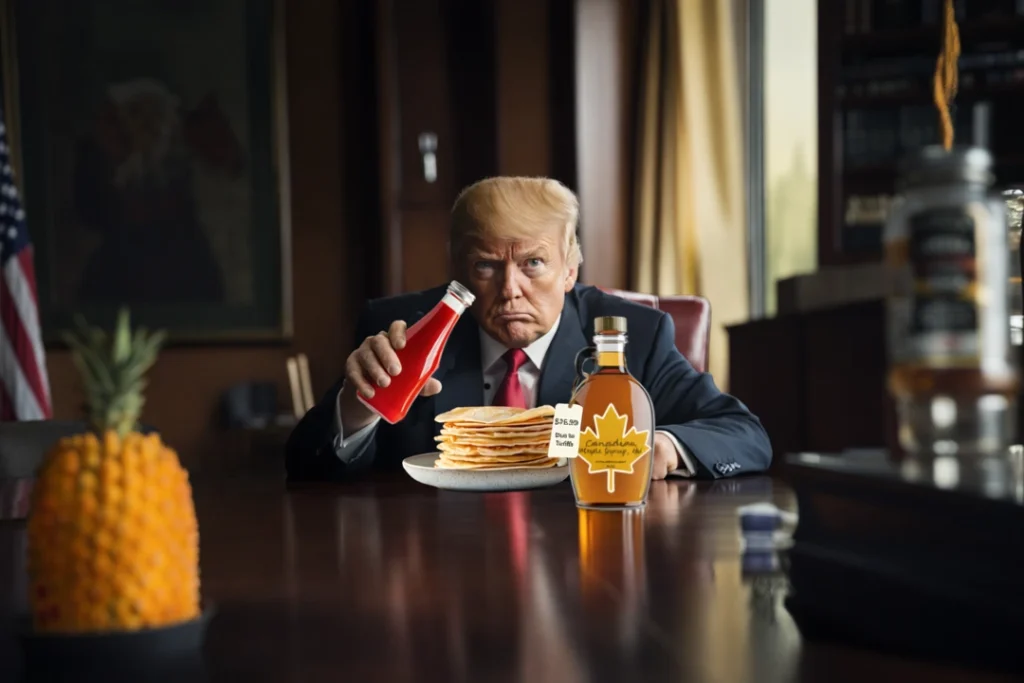 Trump holding ketchup bottle to put on pancakes instead of high priced maple syrup due to tariffs