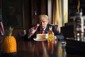 Trump holding ketchup bottle to put on pancakes instead of high priced maple syrup due to tariffs