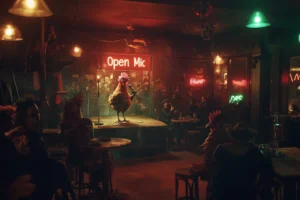 chicken reading poetry at open mic night