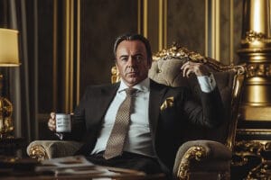 Rich Corporate CEO in expensive suit holding coffee mug stating Let Them Eat Side Hustles