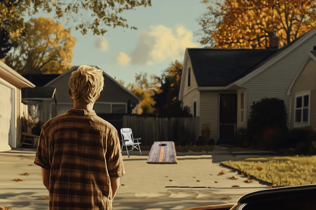 man playing cornhole in the driveway by himself against an empty lawn chair