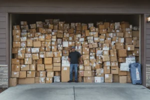 Garage filled with Amazon boxes while man stands confused