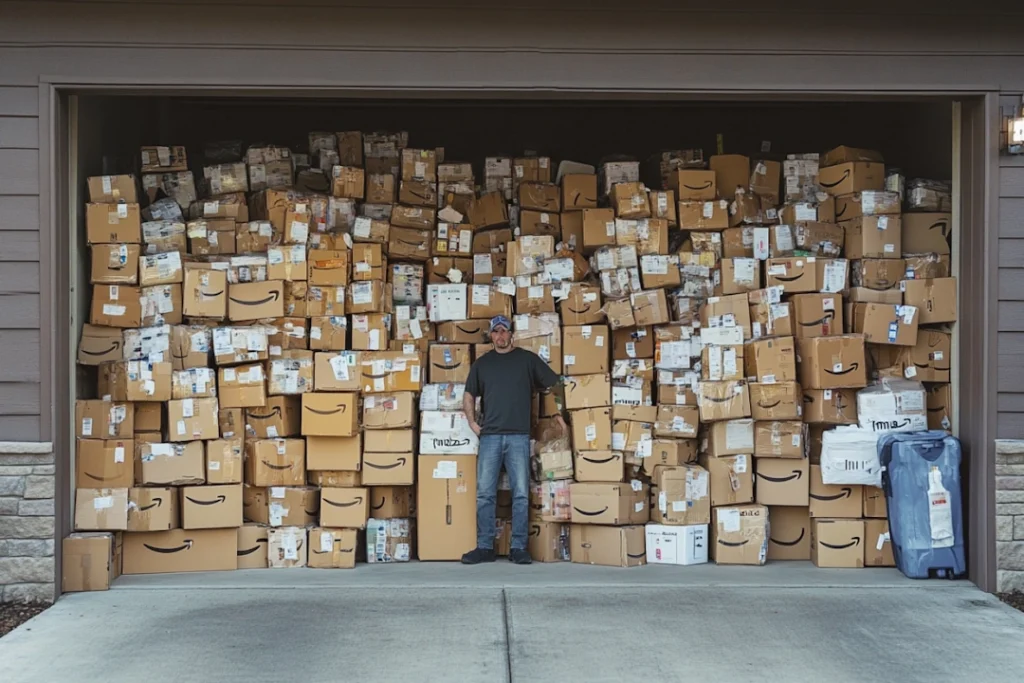 Garage filled with Amazon boxes while man stands confused