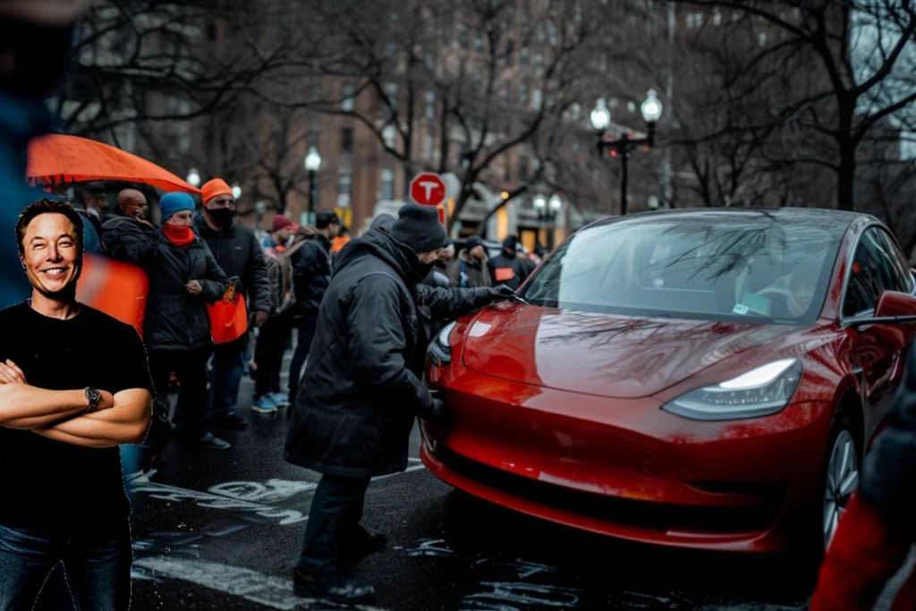 Musk grinning as protester vandalizes Tesla