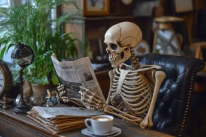 Skeleton Sitting At Desk Reading Newspaper