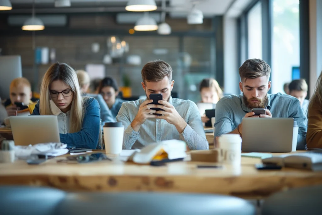 office workers sitting around staring at phones instead of working