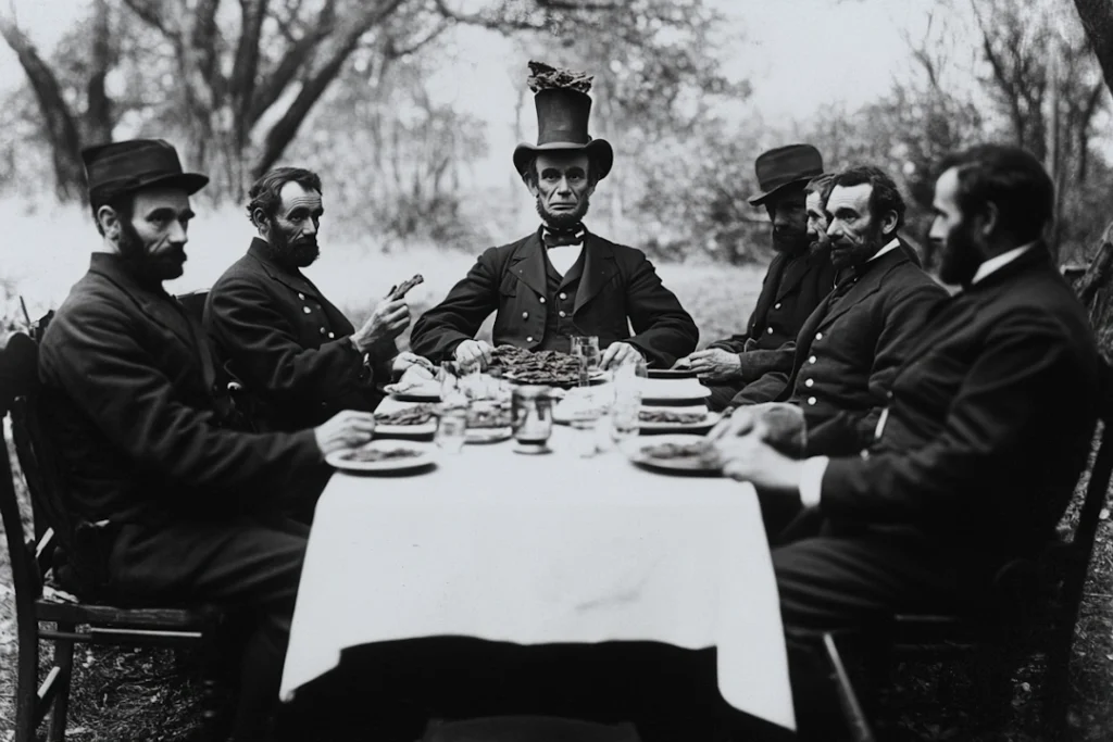 Abe Lincoln with beef jerky from stovepipe hat