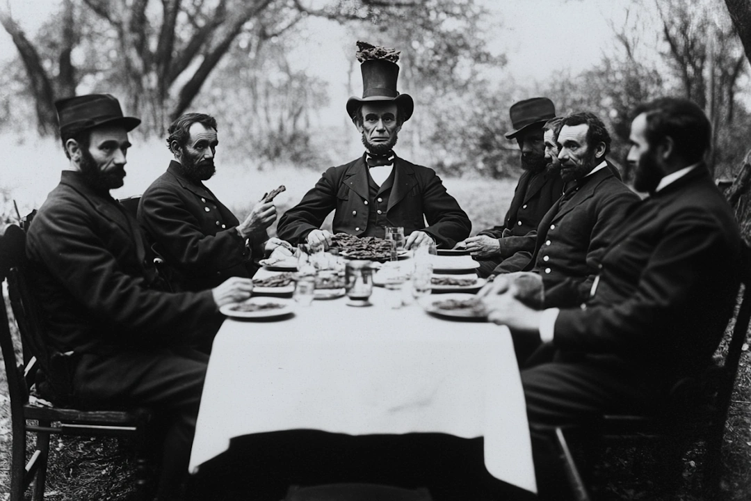 Abe Lincoln with beef jerky from stovepipe hat