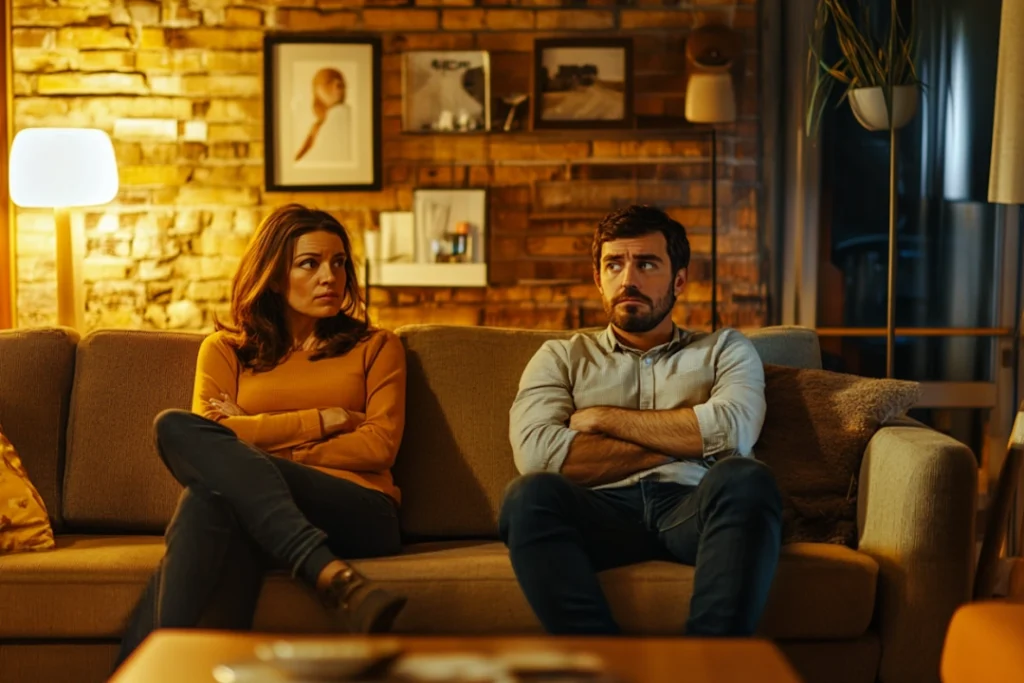 Clueless man sitting on couch while wife glares at him as he should be able to read his mind