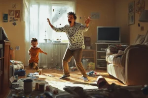 Frazzled parent with crazy kid running around