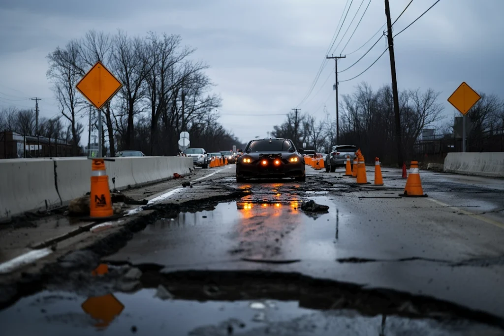 self-driving car on road median with potholes and not driving anymore