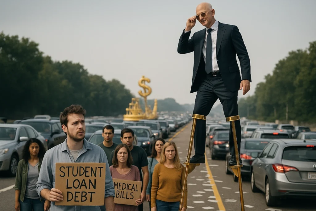 Billionaire Bezos on stilts during Income Inequality Appreciation Day Parade