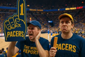 Fan with foam finger blocking court of game 6 NBA Finals