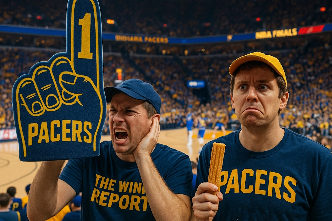 Fan with foam finger blocking court of game 6 NBA Finals
