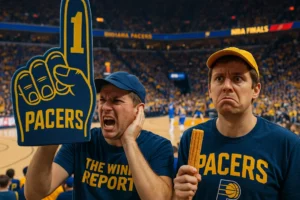 Fan with foam finger blocking court of game 6 NBA Finals