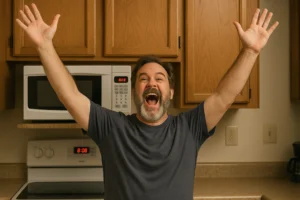 Man Standing Triumphant in Front of a Microwave Displaying 808 for Bob Time