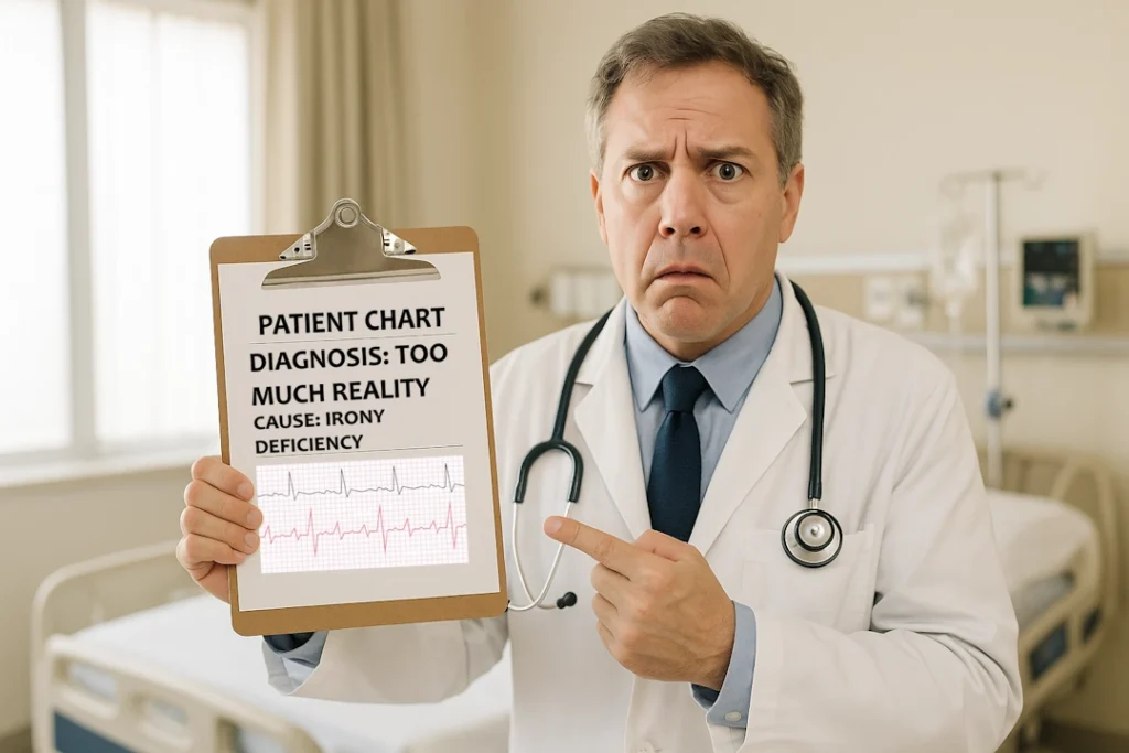 doctor holding patient chart for too much reality, irony deficiency