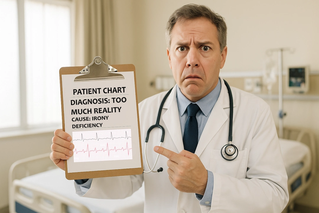 doctor holding patient chart for too much reality, irony deficiency
