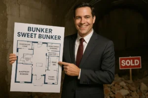 real estate agent with blueprints for bunker sweet bunker