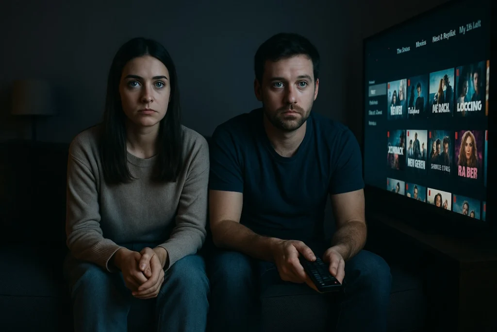 Couple blankly staring at Netflix menu deciding what to watch