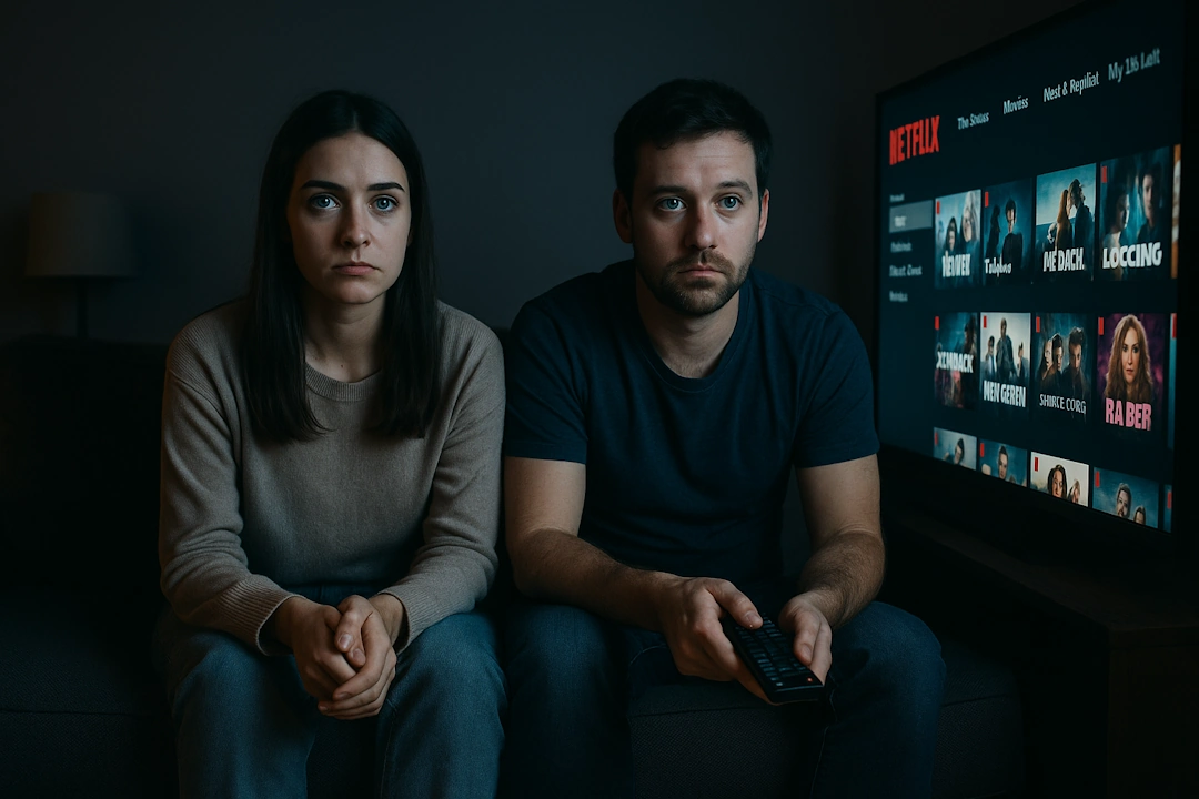 Couple blankly staring at Netflix menu deciding what to watch